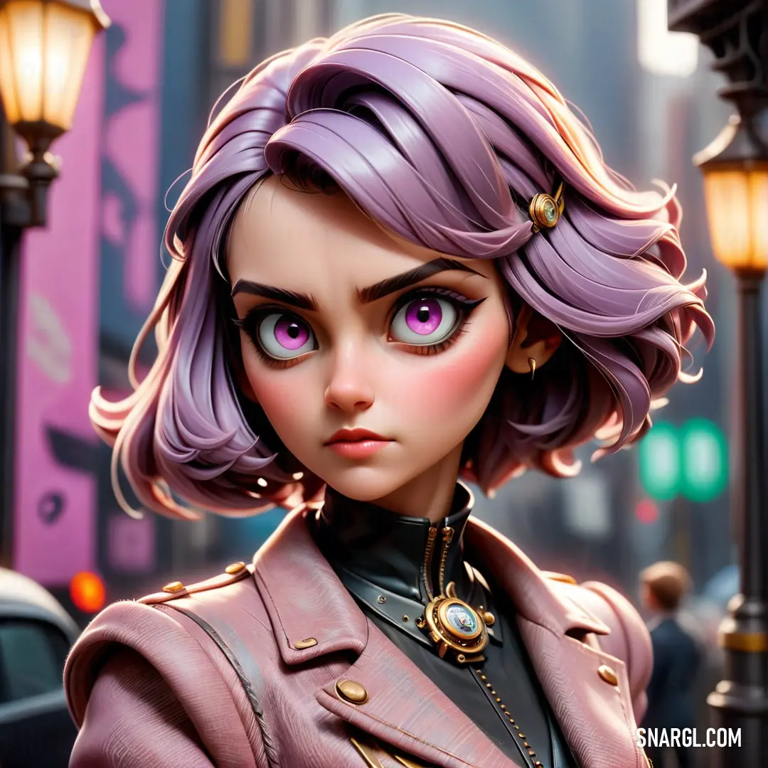Cartoon character with purple hair and a purple outfit on a city street with a lamp post in the background