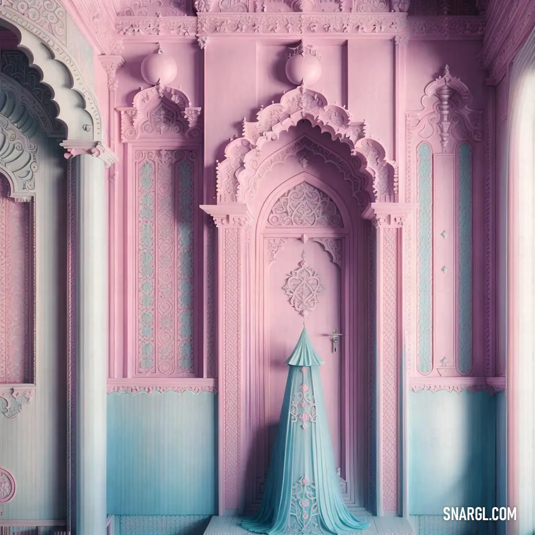Pink and blue room with a large archway and a bed in it's center
