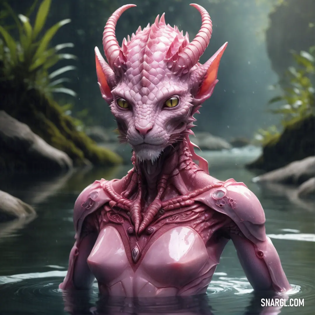 Pink creature with horns and a body of water in a forest setting with rocks and plants around it