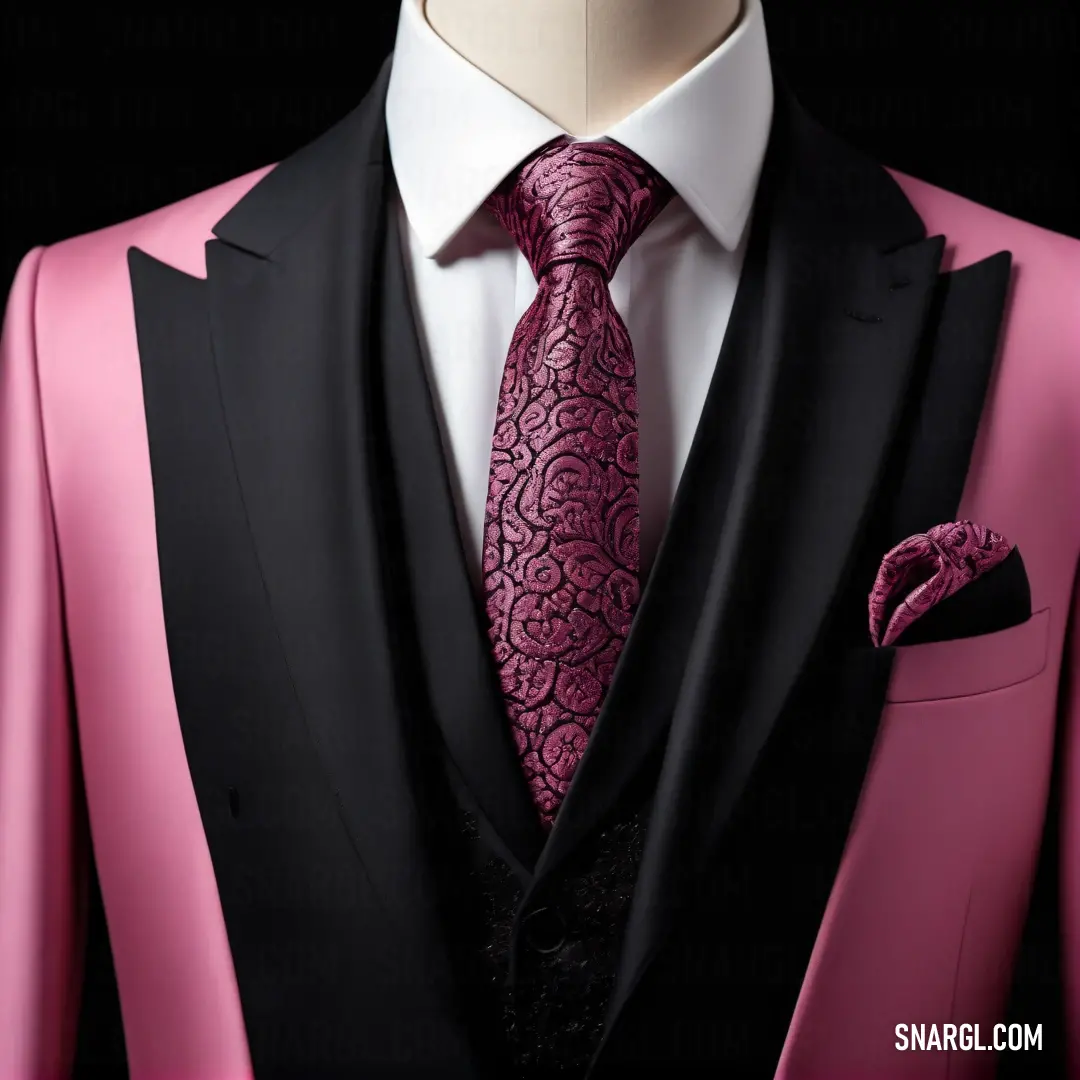Pink suit with a black jacket and a pink tie and a white shirt and a pink tie