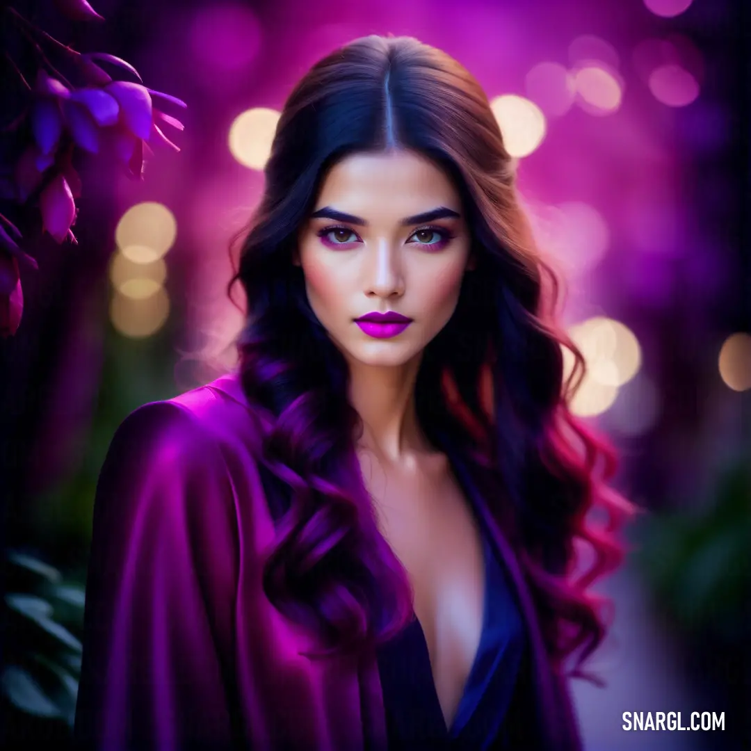 Woman with long hair and purple makeup is posing for a picture in a purple light with boke of lights