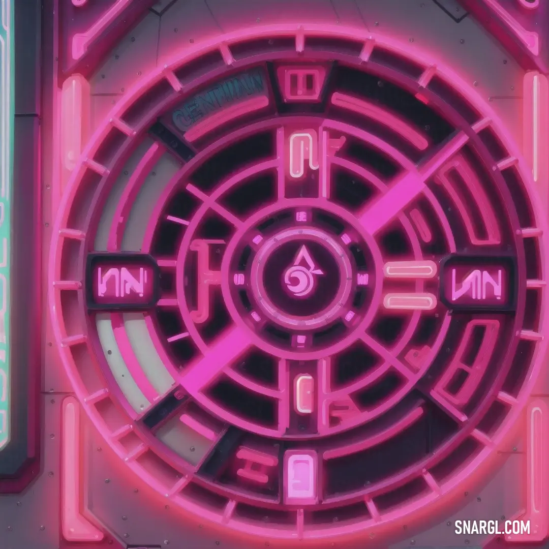 Futuristic looking pink and green object with a circular design on it's side and a neon light. Color RGB 176,69,144.