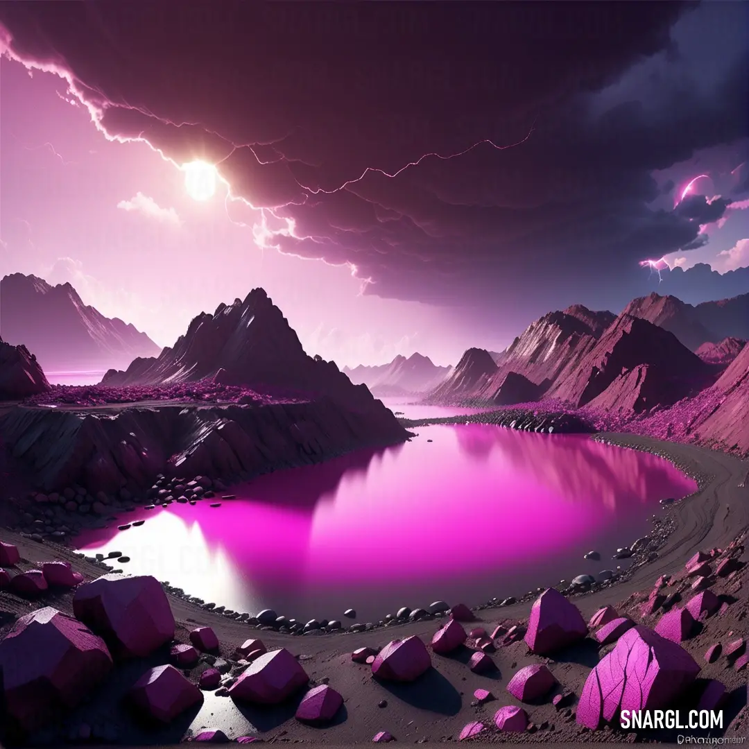 PANTONE 246 color. Purple lake surrounded by mountains under a cloudy sky with a sun in the distance and a purple sky