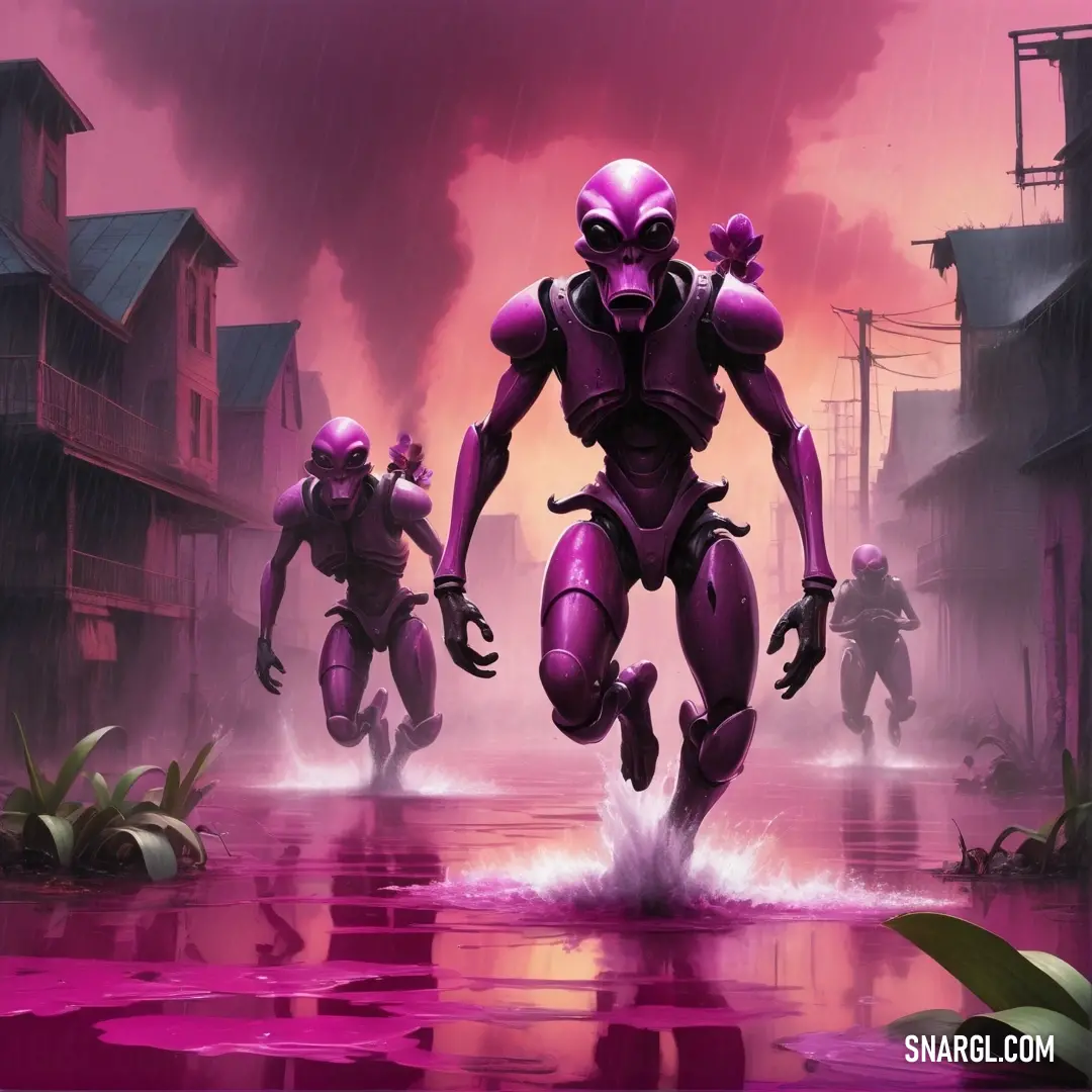 Group of people in purple suits running through a puddle of water in a city with smoke pouring from the buildings