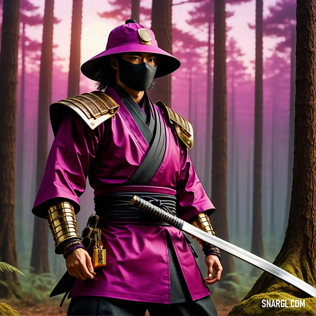 Man in a purple outfit holding a sword in a forest with trees in the background. Color PANTONE 247.