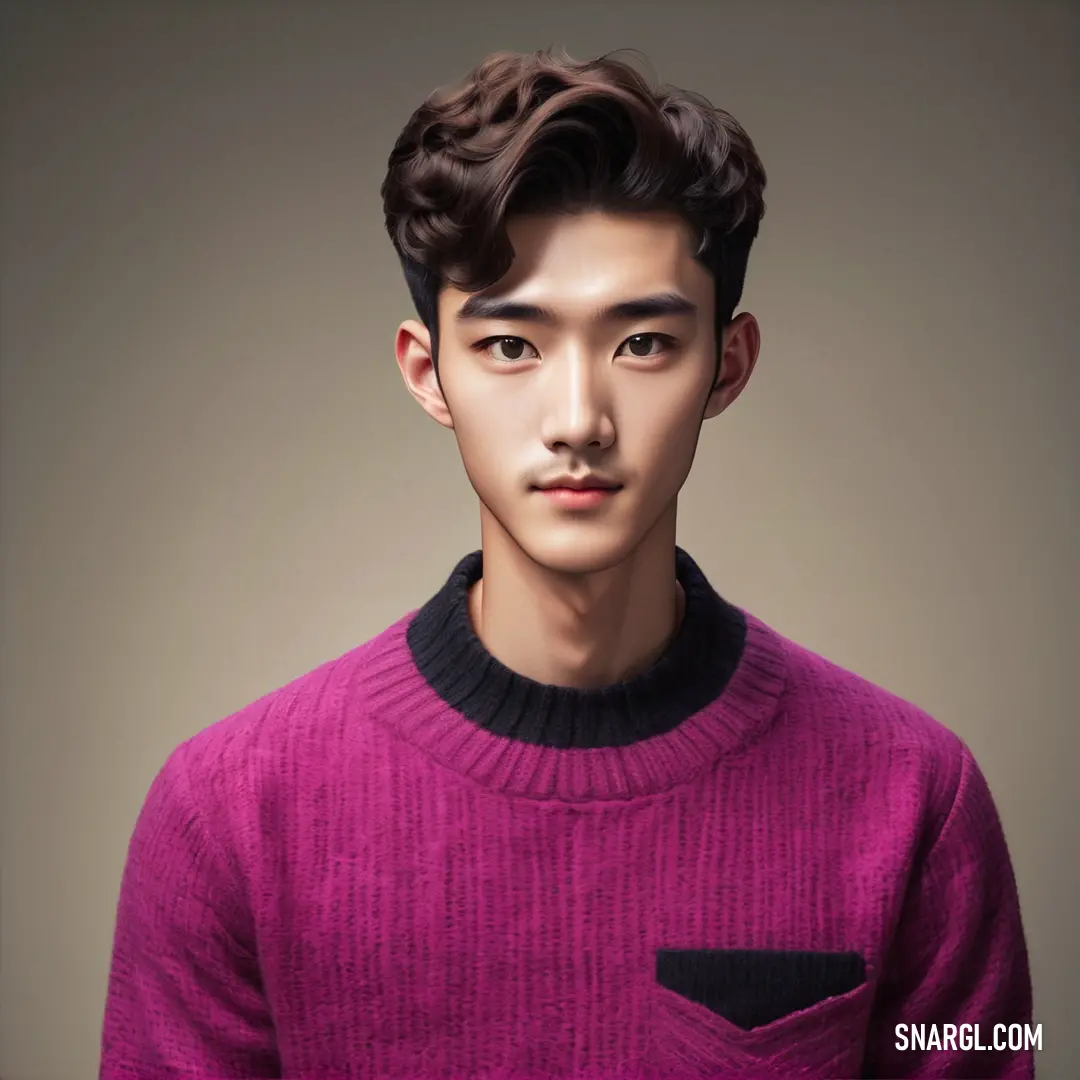 Man with a pink sweater and black shirt on a gray background. Color RGB 171,51,136.