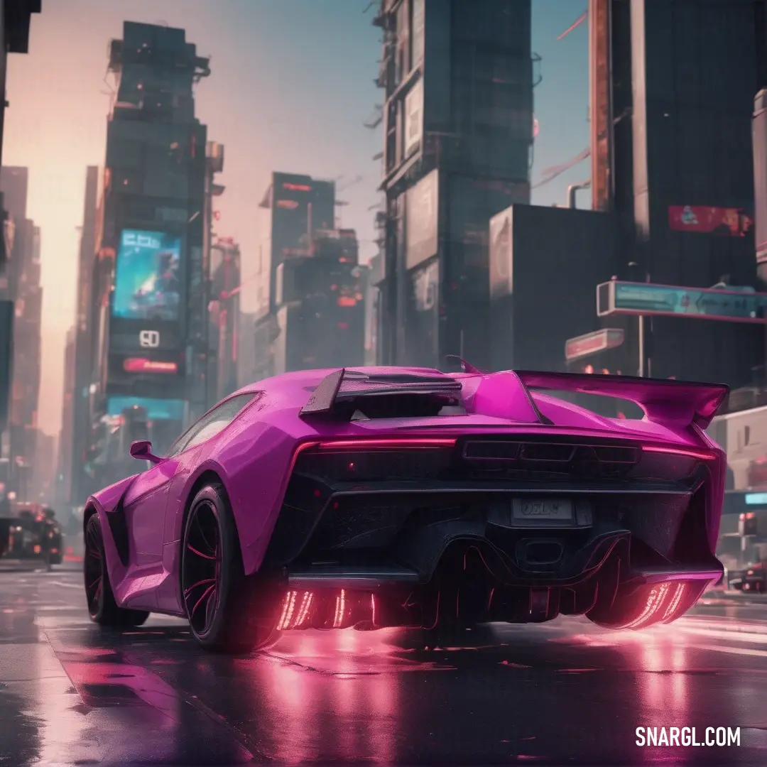 Pink car driving down a city street in the rain at night time with neon lights on the cars. Color RGB 171,51,136.