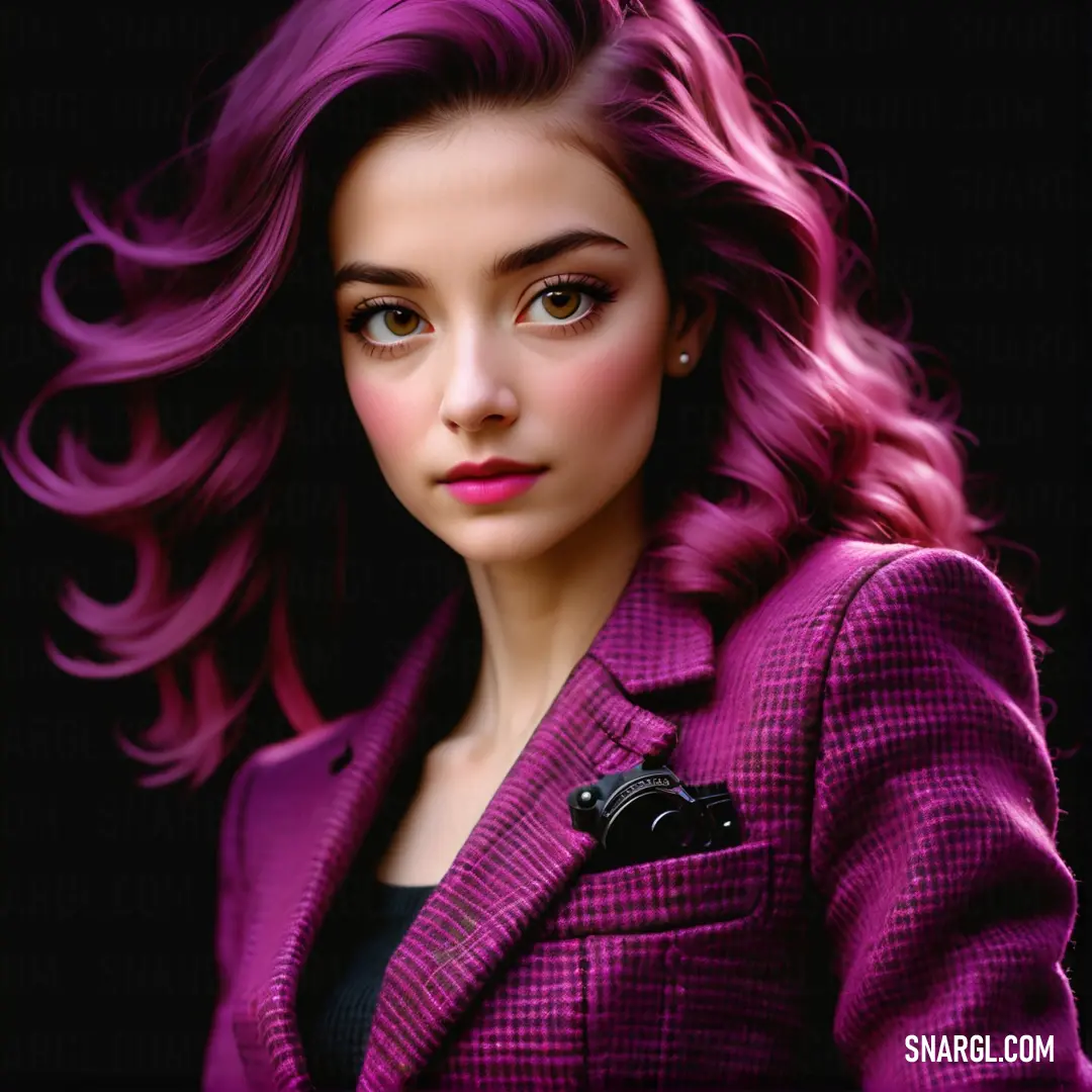 Woman with purple hair and a purple suit jacket on, with a black background. Color #AB3388.