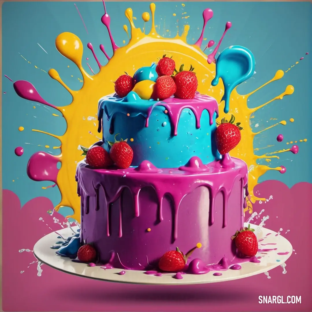 Cake with a lot of colorful paint and strawberries on top of it. Example of RGB 161,45,134 color.