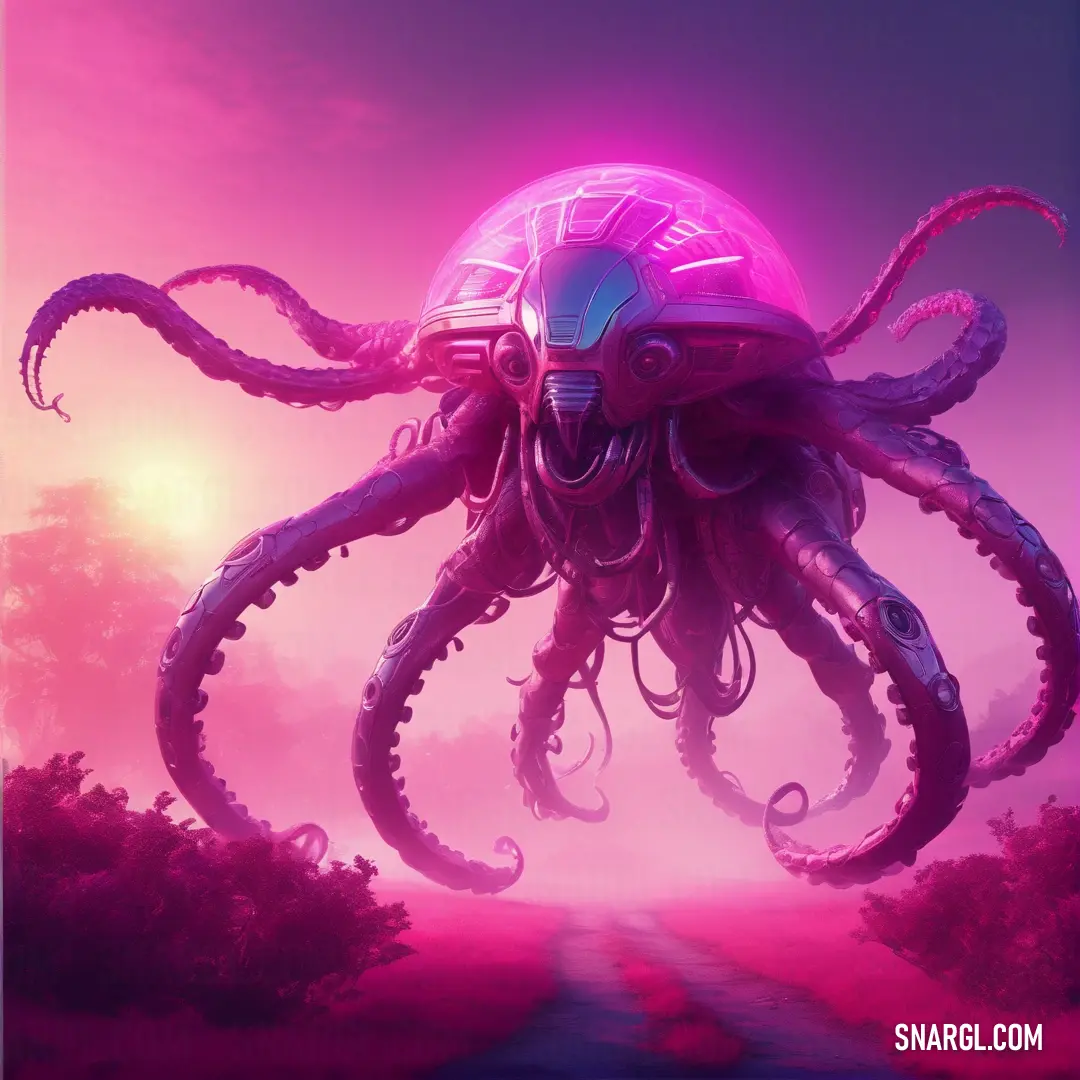 Giant octopus is standing in the middle of a road with a helmet on it's head and a purple sky behind it. Color #A12D86.