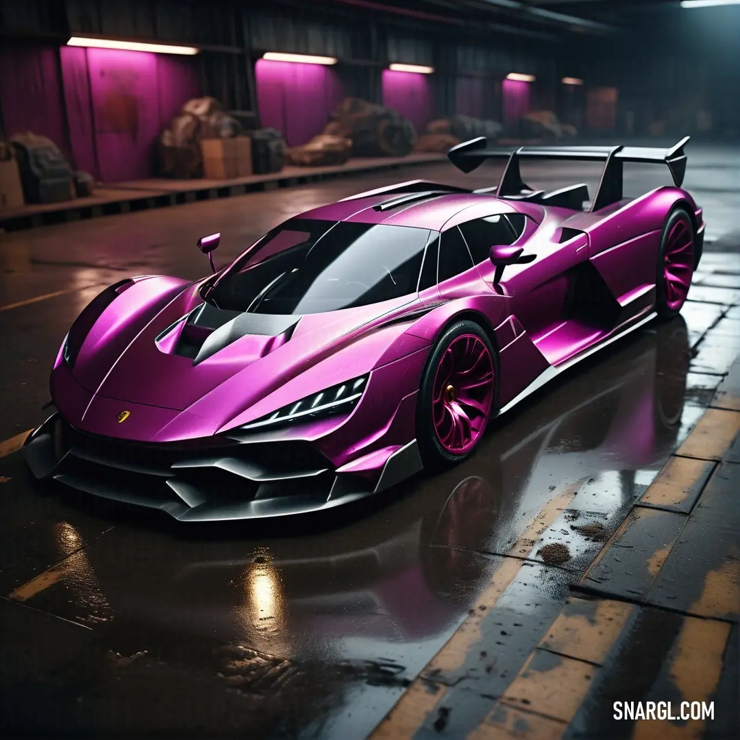 PANTONE 248 color example: Pink sports car is parked in a parking lot at night time