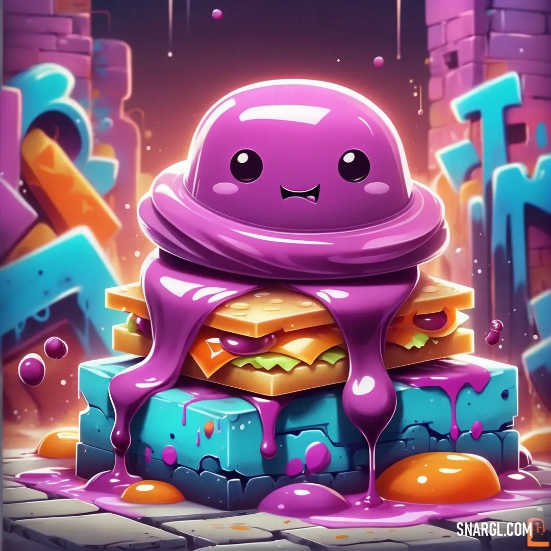 PANTONE 248 color. Purple monster with a big smile on his face and a pile of food in front of him