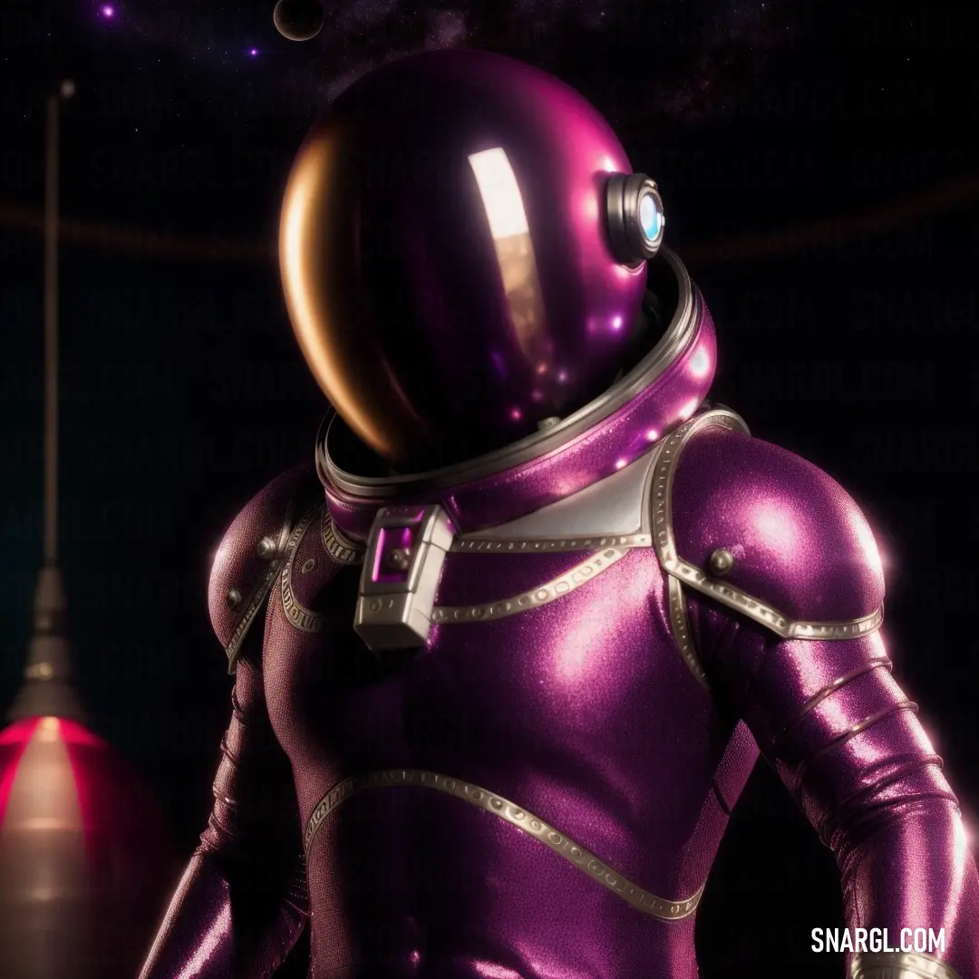 Purple space suit standing in front of a red light and a red object in the background. Color RGB 161,45,134.