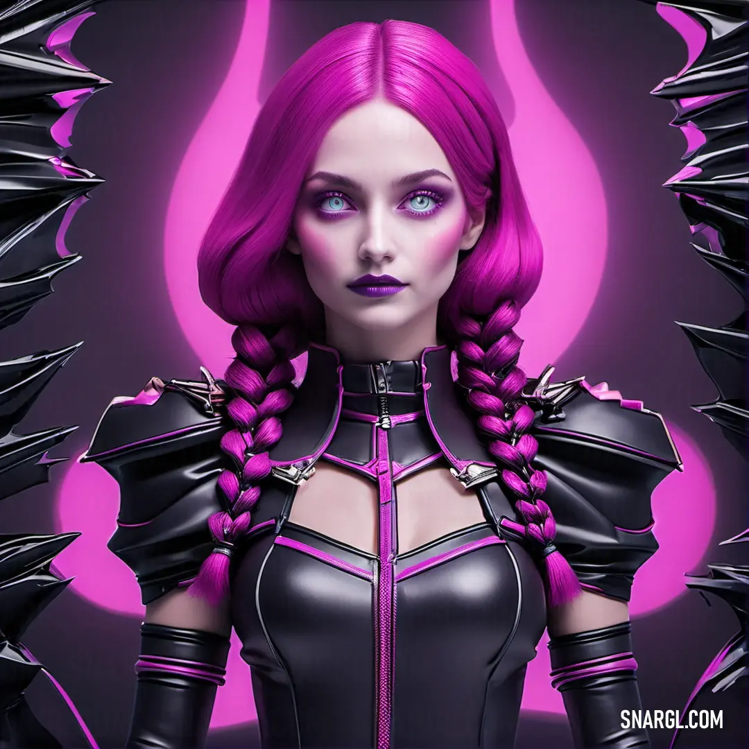Woman with pink hair and purple makeup wearing a black outfit with horns and spikes on her shoulders and a pink background