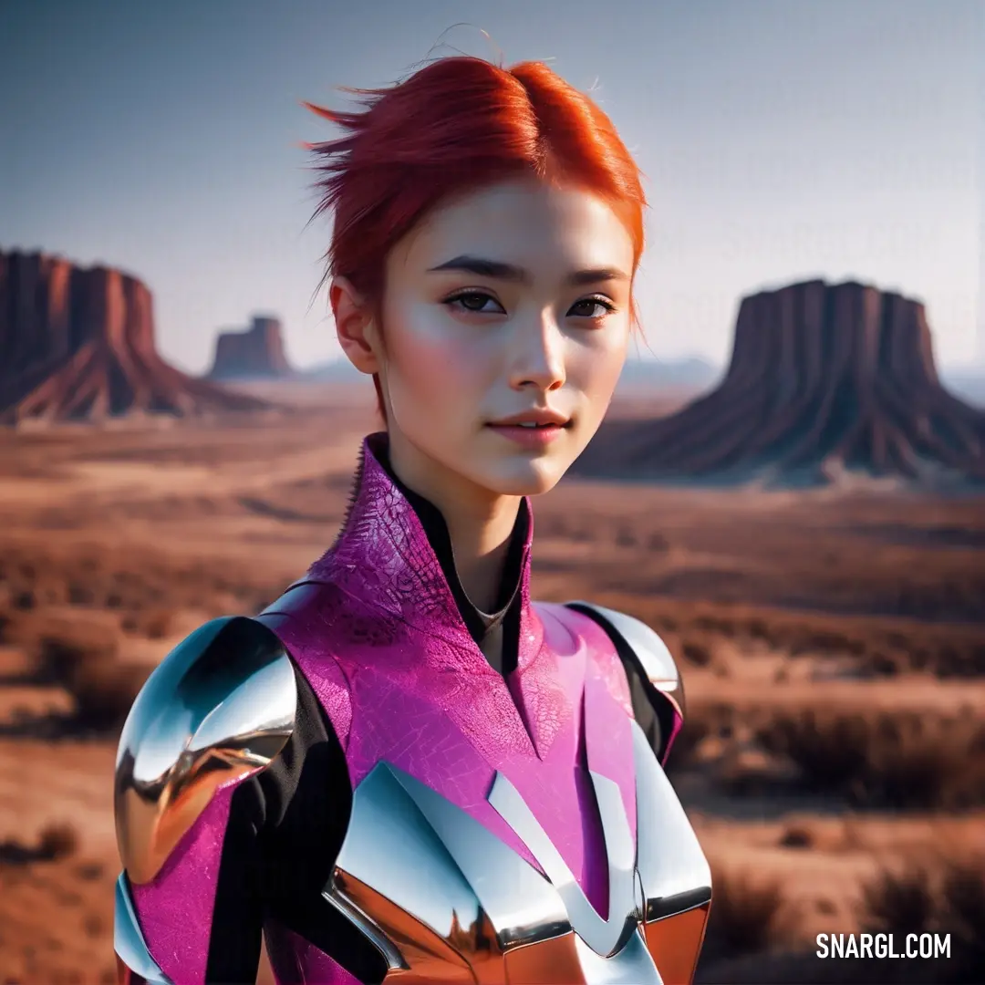 Woman with red hair and a futuristic suit in a desert setting with mountains in the background. Example of PANTONE 248 color.