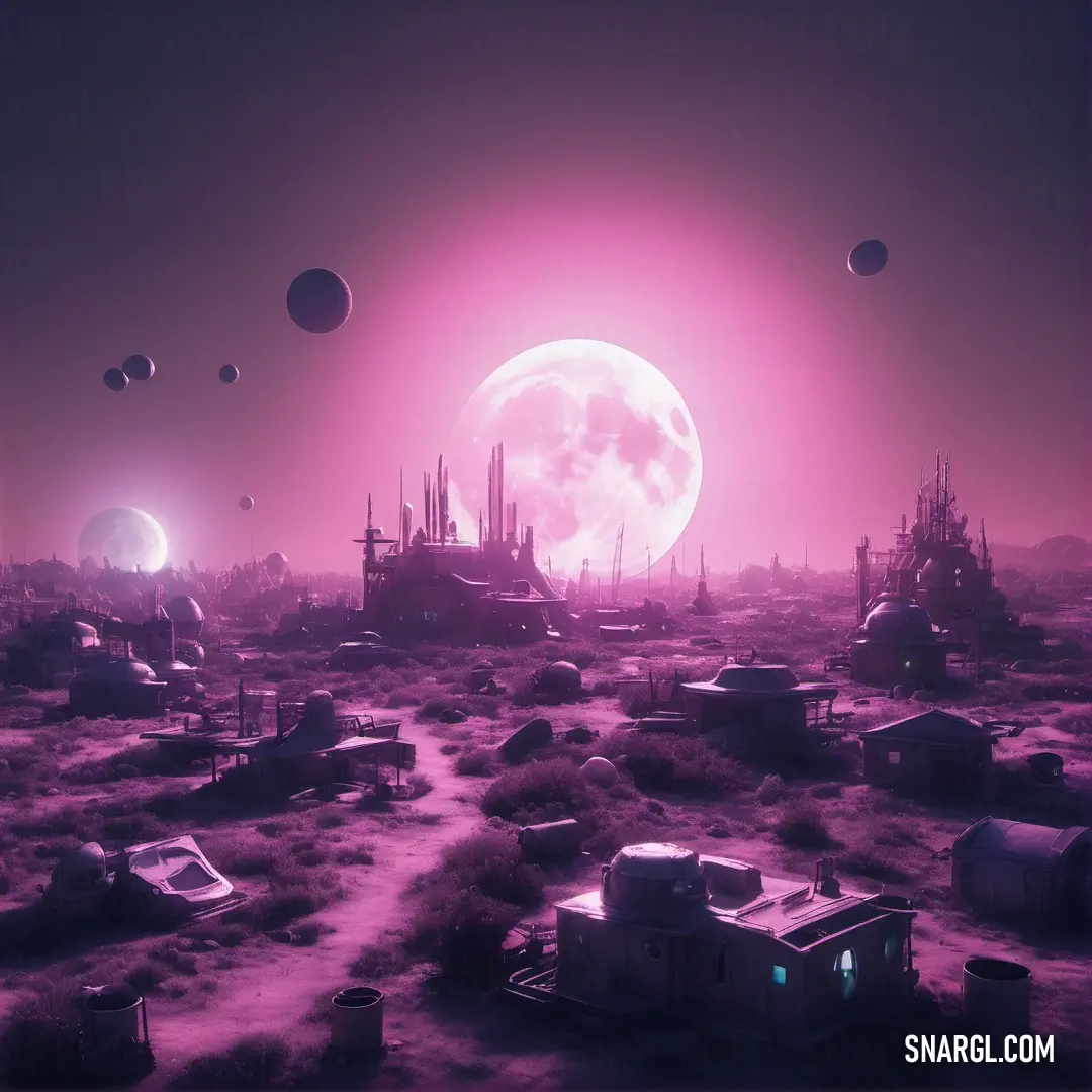 Futuristic landscape with a full moon and a lot of buildings and a lot of balloons in the sky. Color RGB 133,50,107.