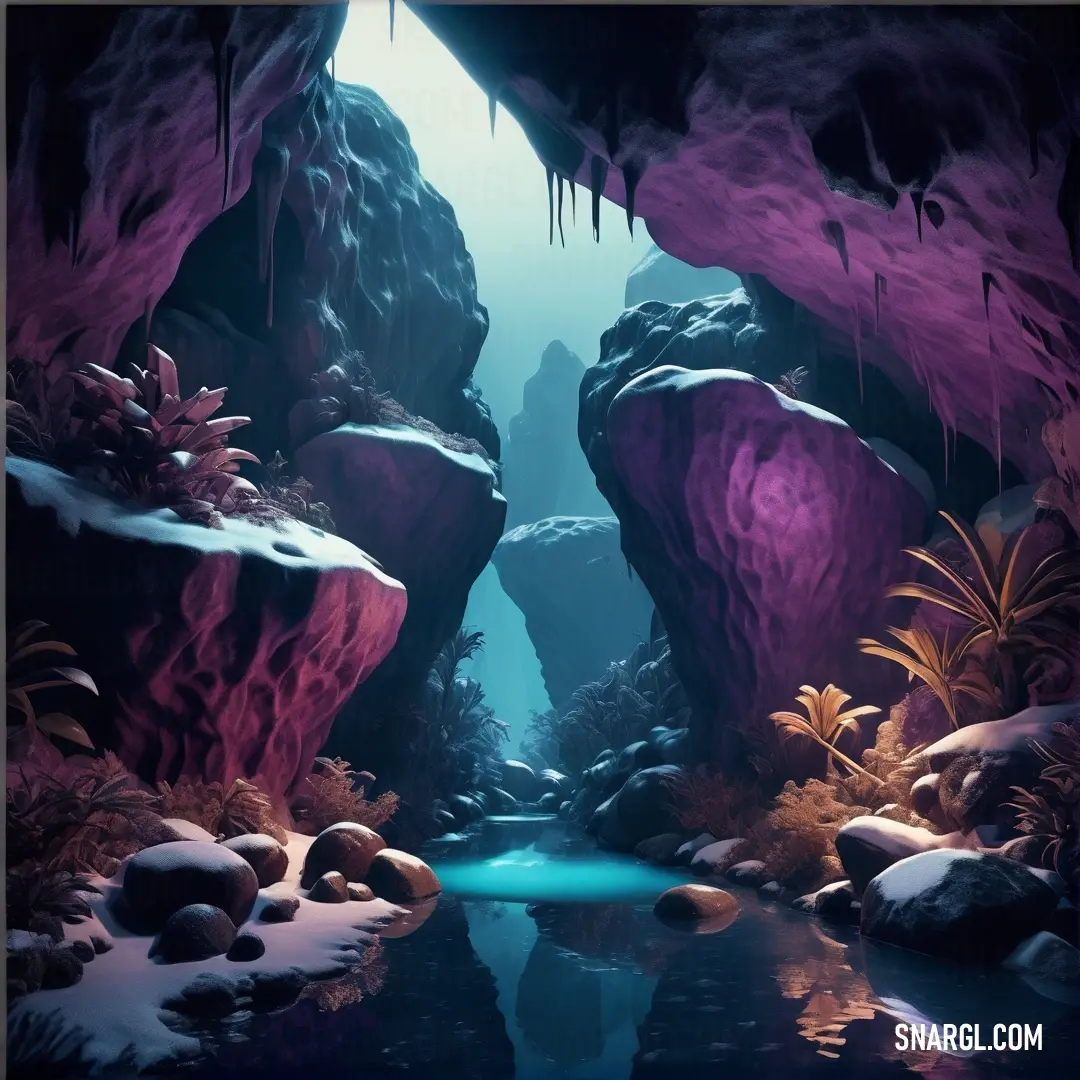 Painting of a cave with a stream and a waterfall in the middle of it. Color RGB 133,50,107.