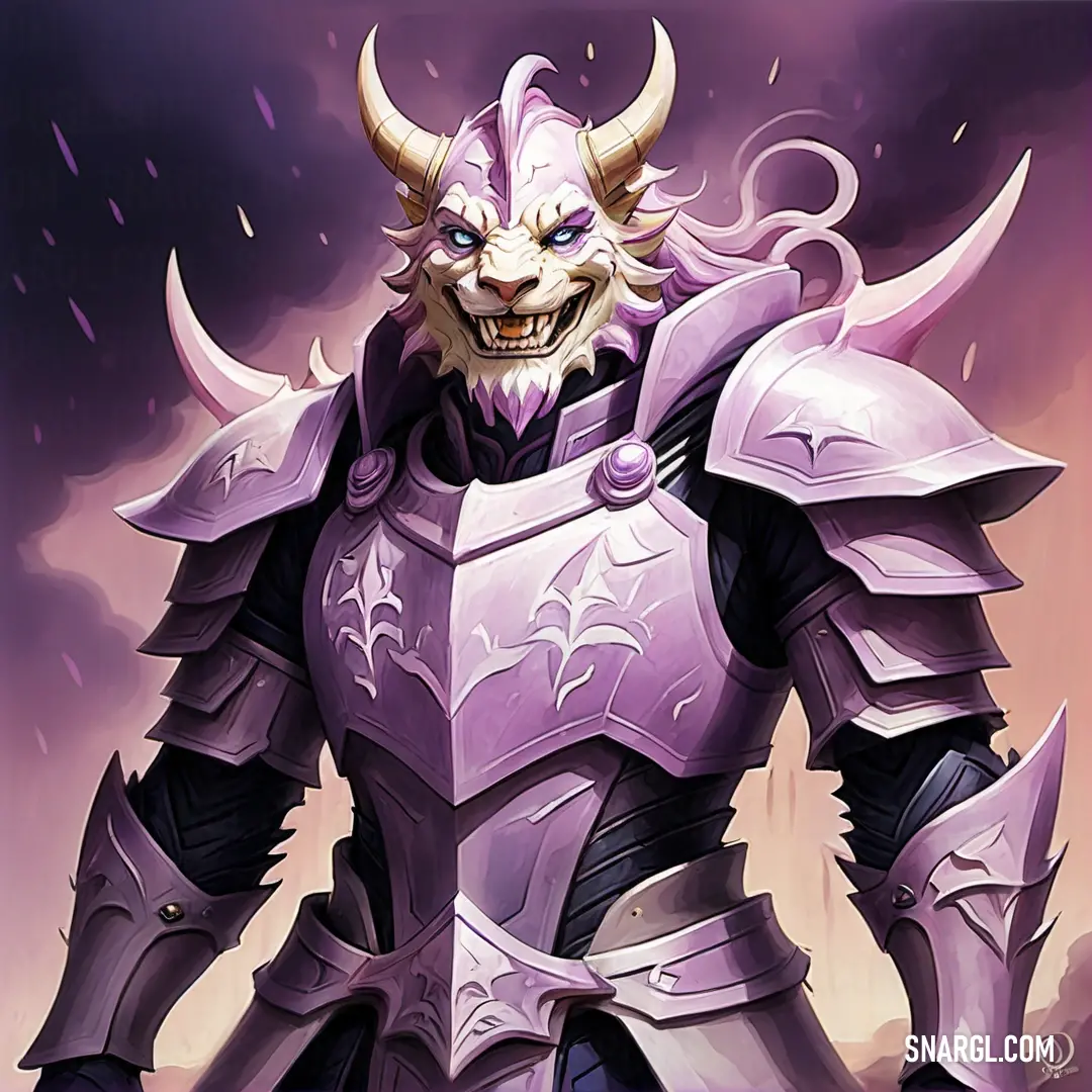 Cartoon character with a horned face and purple armor. Color PANTONE 250.