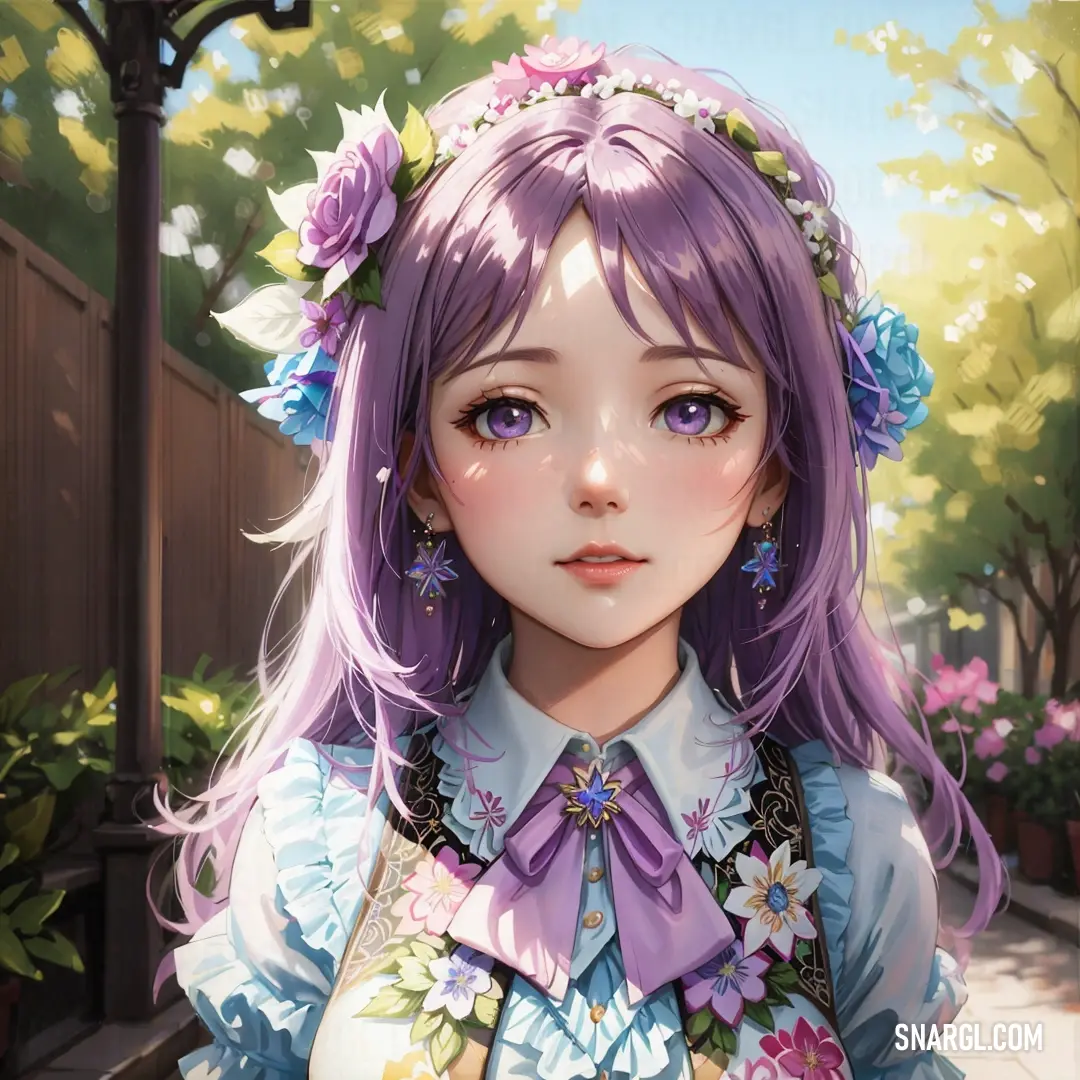 Girl with purple hair and a flower crown on her head is standing in front of a fence and flowers. Example of PANTONE 250 color.
