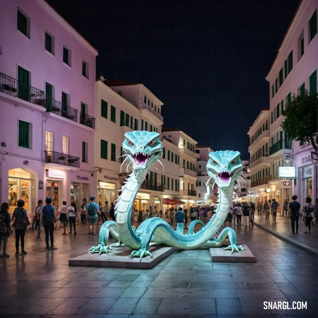 Statue of a dragon on a city street at night with people walking around it and buildings in the background. Example of PANTONE 251 color.