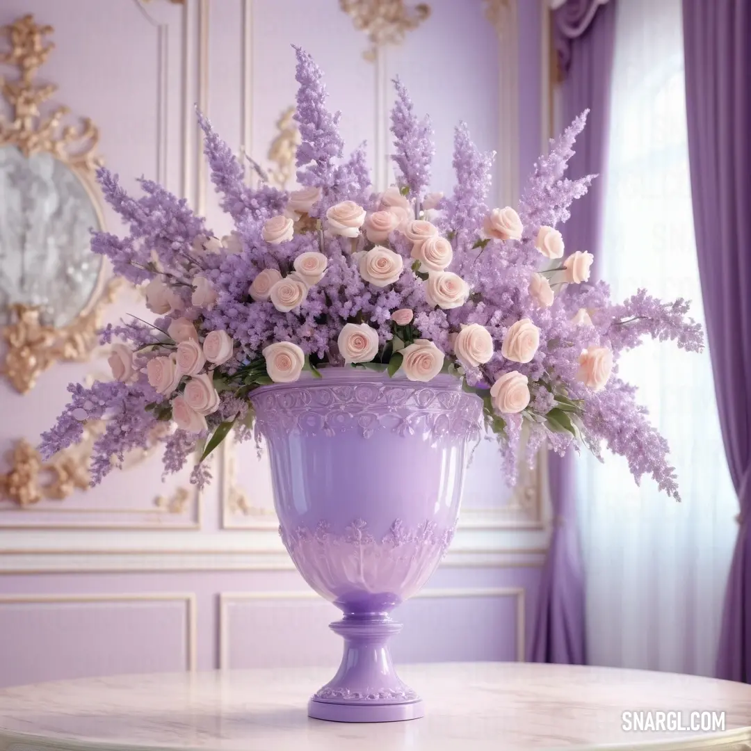 Vase with flowers on a table in a room with purple walls and curtains and a mirror on the wall. Color PANTONE 251.