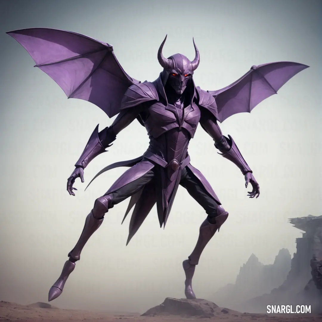 Giant purple demon standing on top of a hill next to a cliff side in a desert area with a sky background
