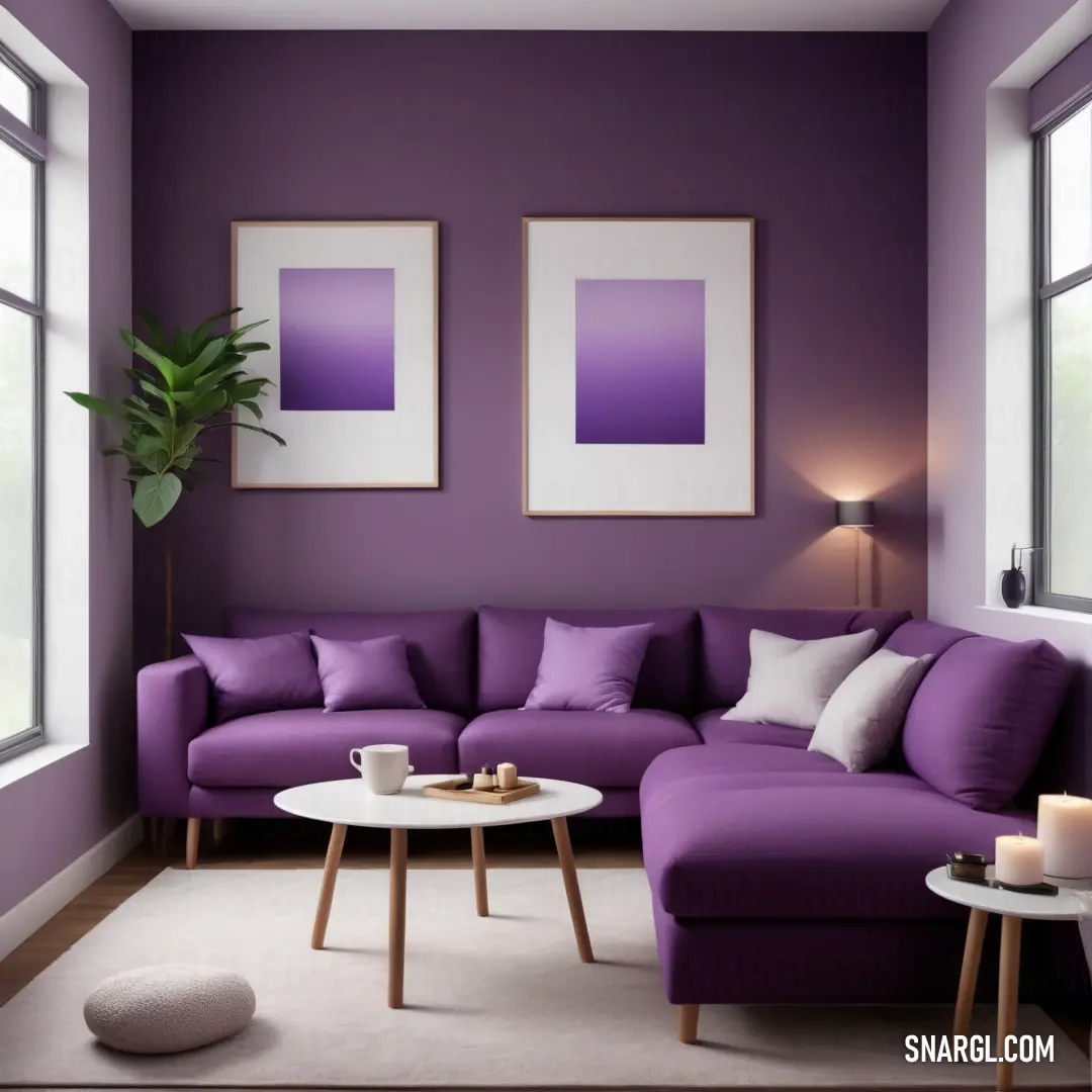 Living room with purple walls and a white coffee table and a purple couch and chair with pillows