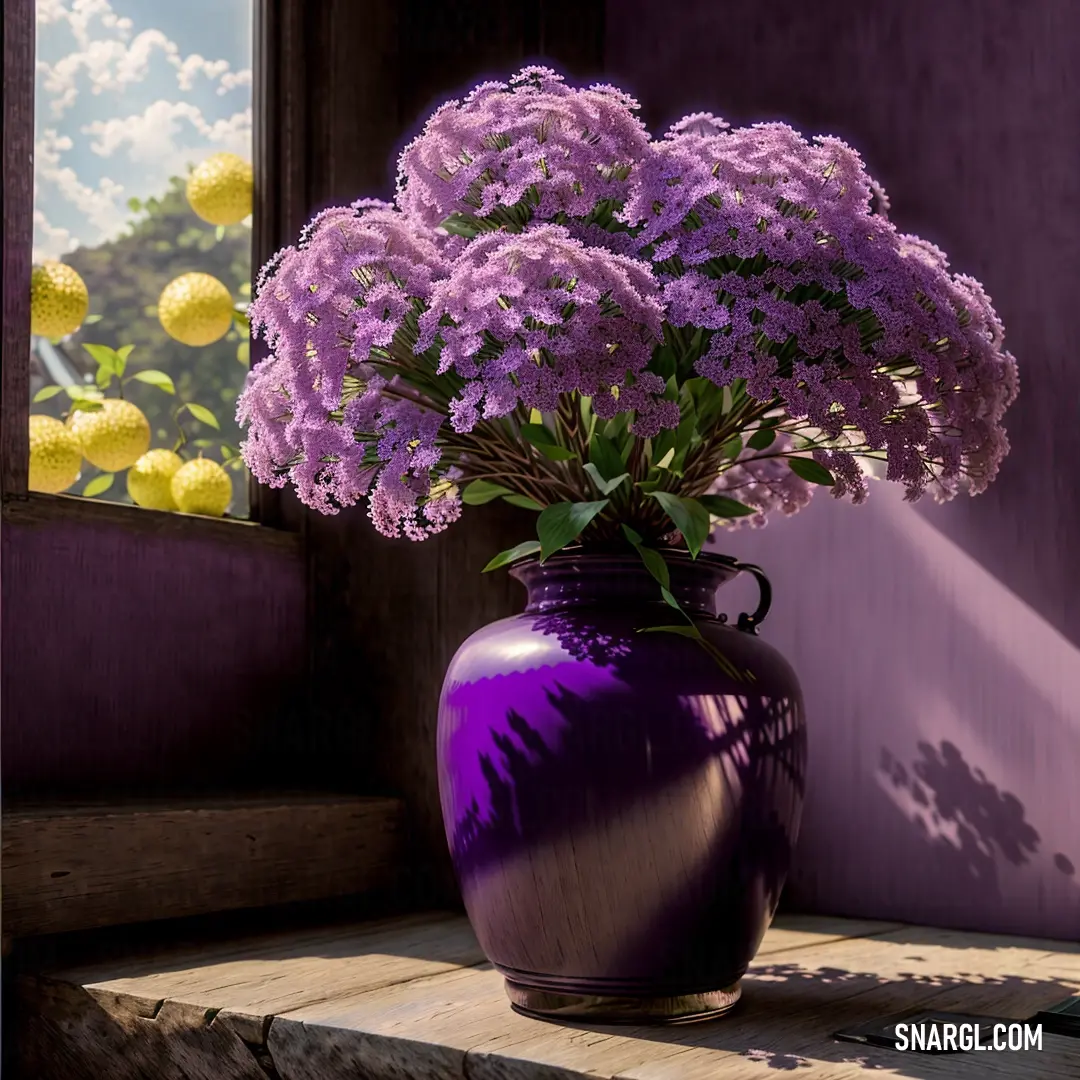 Purple vase with purple flowers in it on a window sill next to a window sill with yellow flowers. Example of #B876AC color.