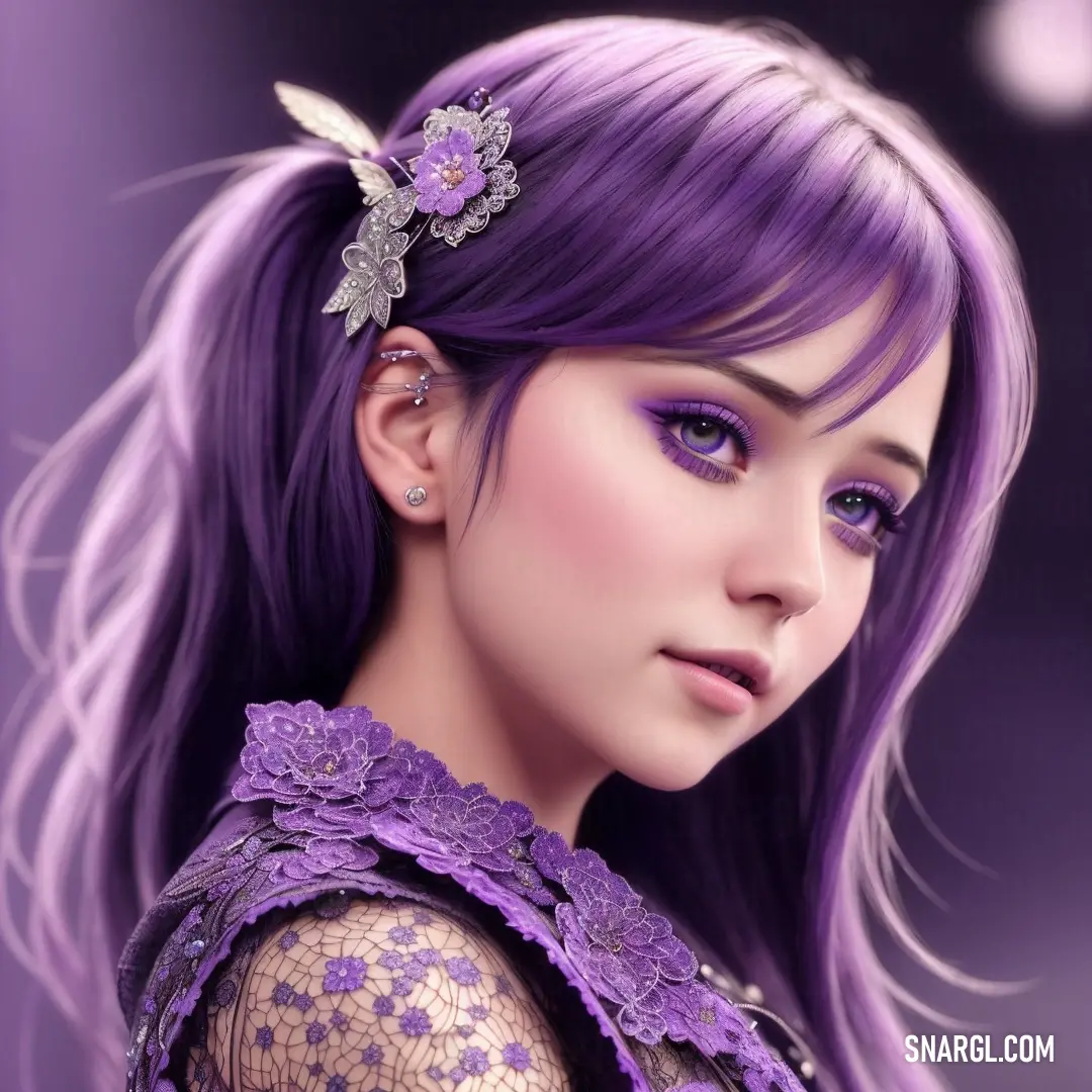 RGB 184,118,172 example: Woman with purple hair and a purple dress with a butterfly on it's head and a purple lace top