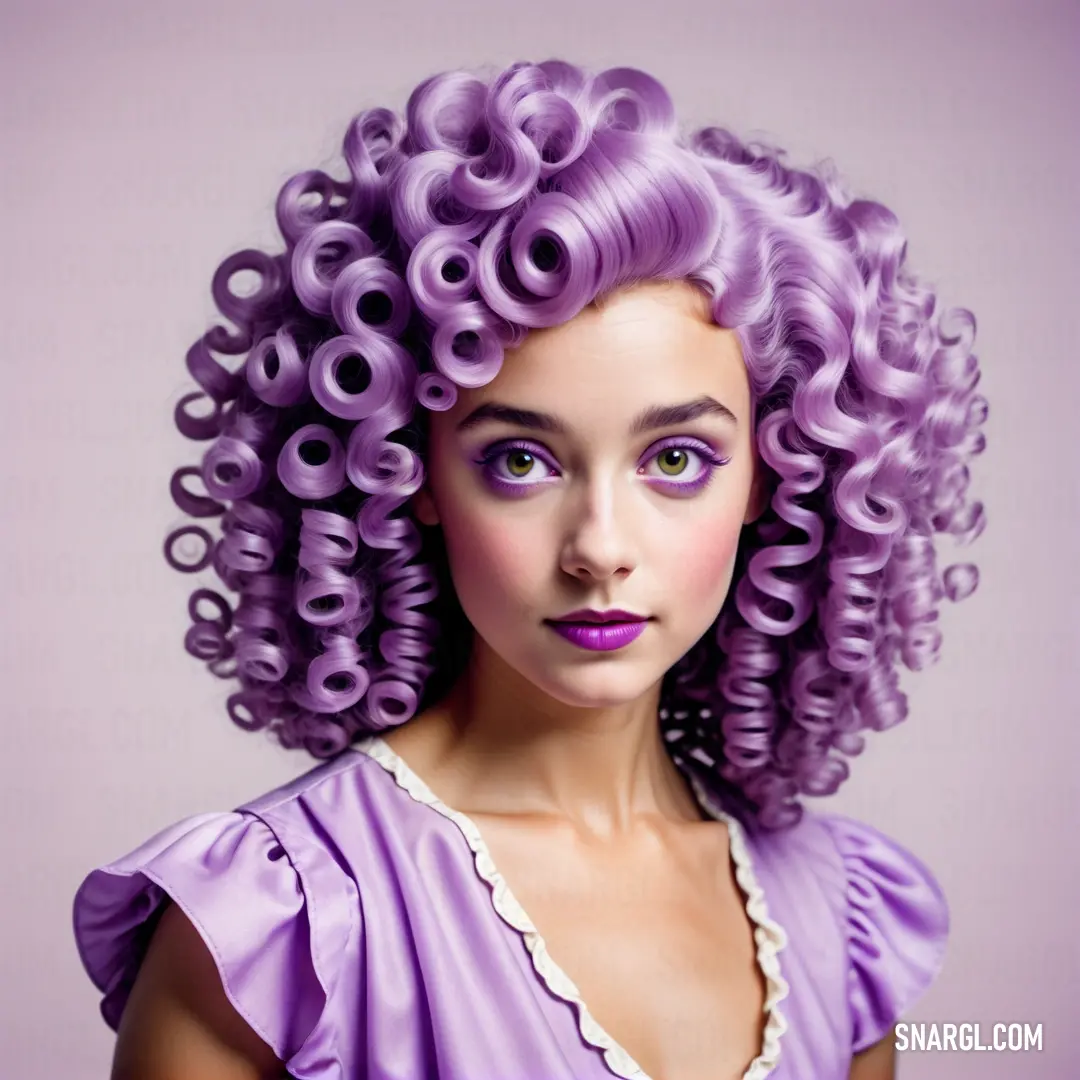 Woman with purple hair and a purple dress on her body is posing for a picture with curly hair. Example of CMYK 27,67,0,0 color.