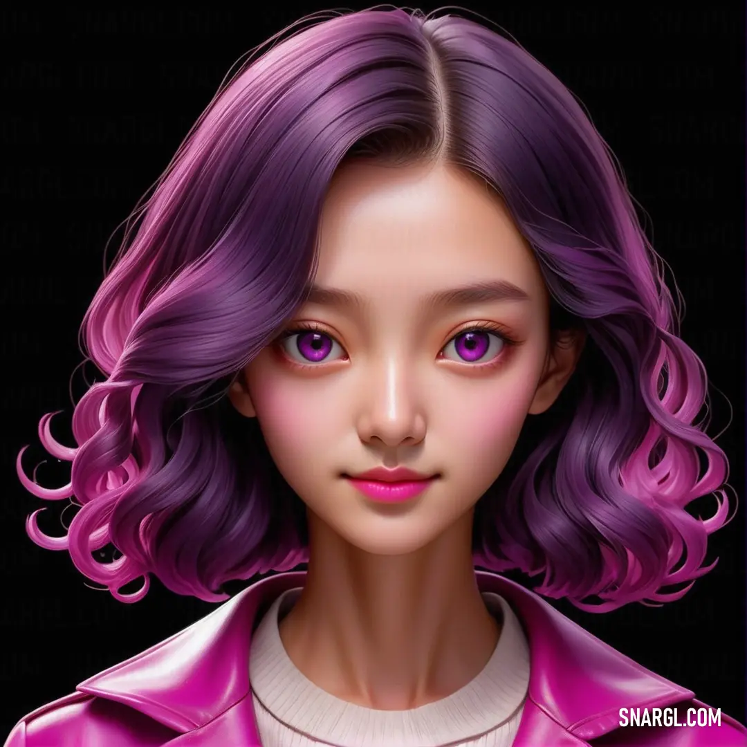 Digital painting of a woman with purple hair and a pink jacket on her shoulders and a black background