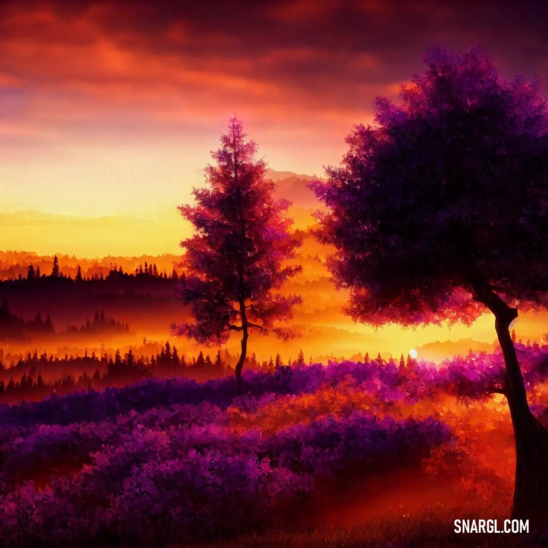 Painting of a sunset with trees and flowers in the foreground and a purple sky in the background. Example of #9E3A8A color.
