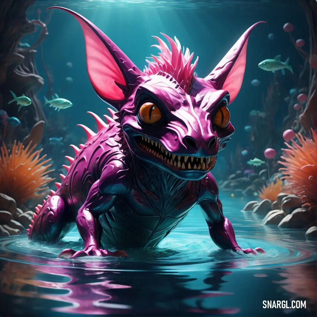 Purple creature with big orange eyes in the water with fish around it's neck and a fish in its mouth. Color CMYK 42,91,0,0.