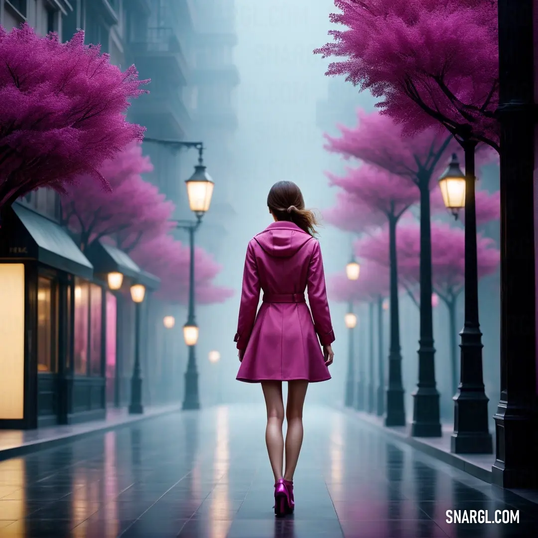 Woman in a pink coat walking down a street with a pink umbrella on a rainy day in the rain. Color CMYK 42,91,0,0.