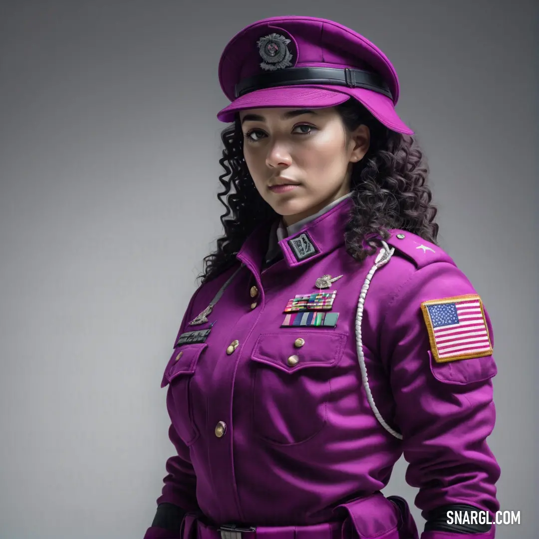 Woman in a purple uniform is posing for a picture with a flag on her hat and a gun. Example of PANTONE 253 color.