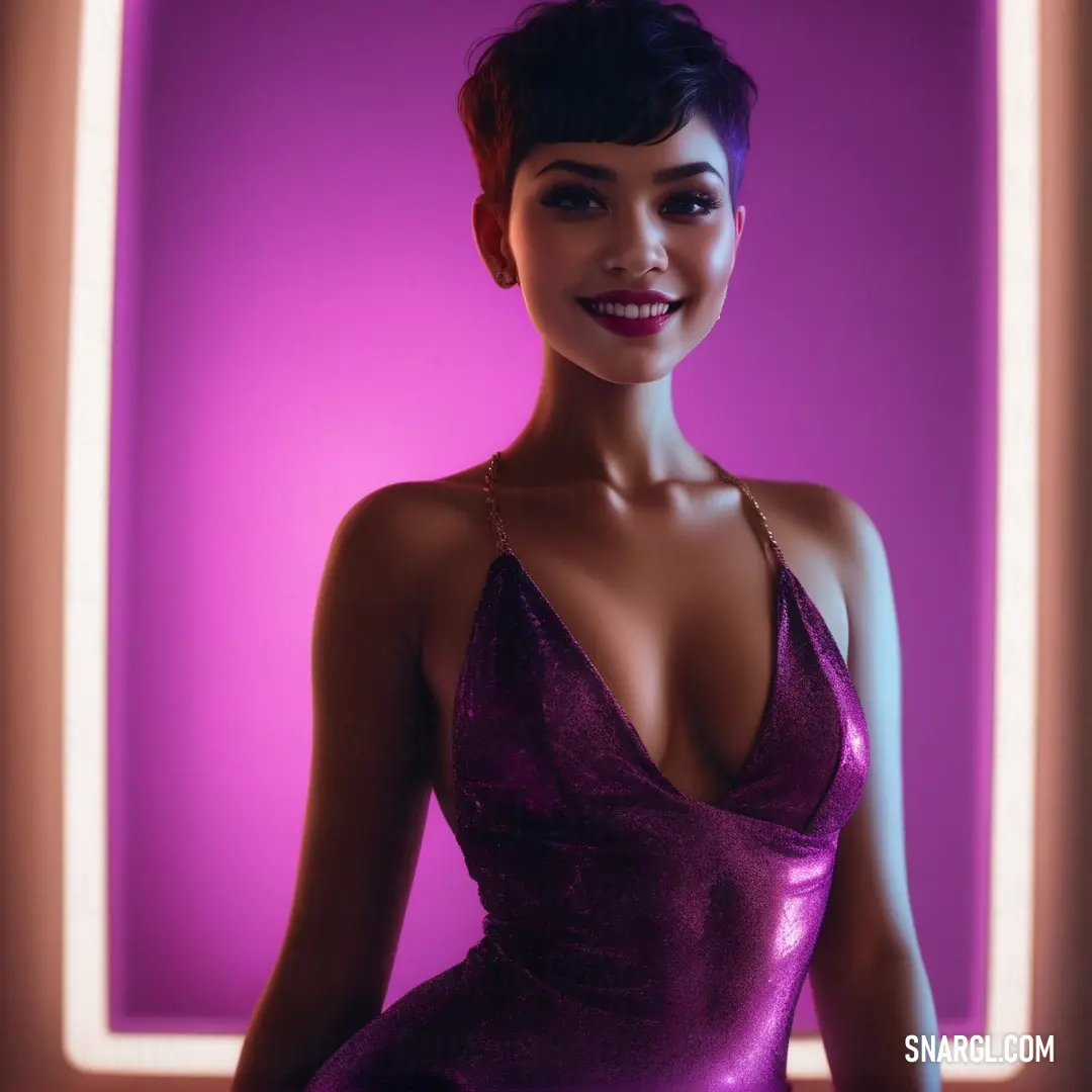 Woman in a purple dress posing for a picture in a room with a neon light behind her and a purple background. Example of PANTONE 255 color.