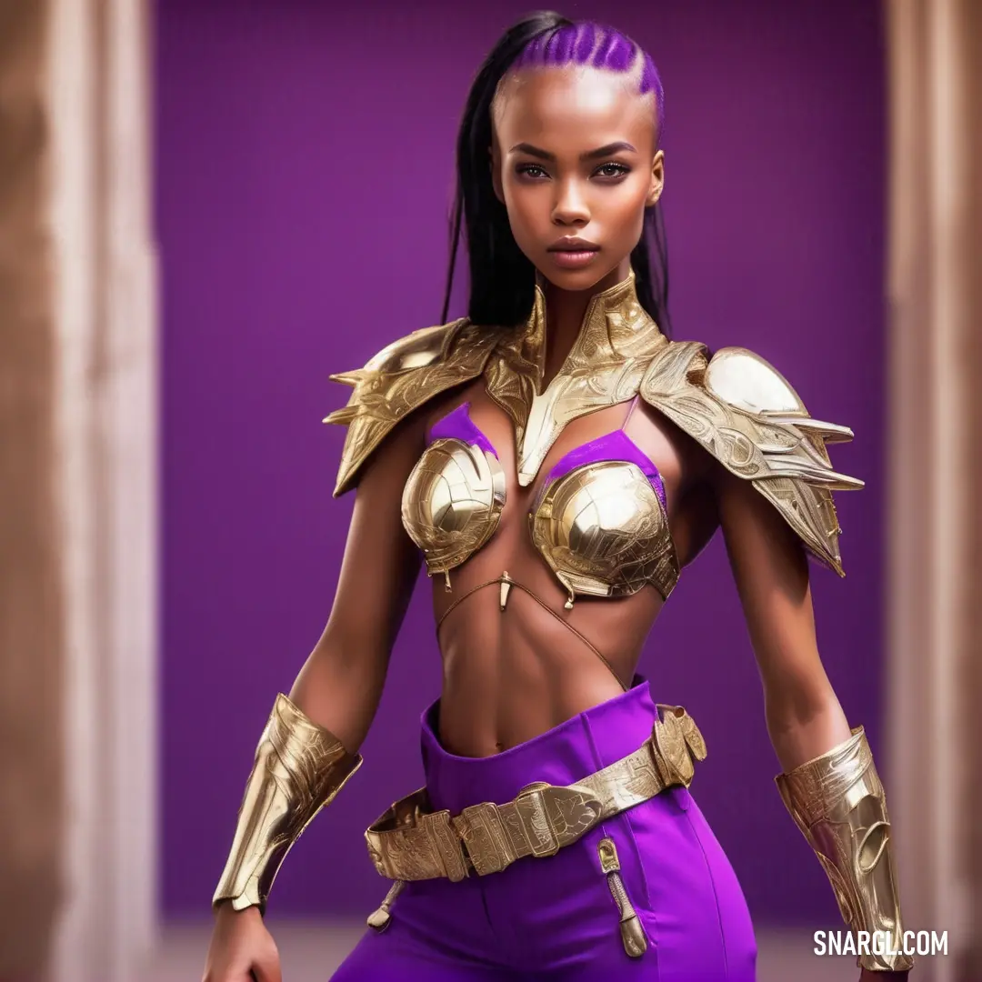 Woman in a purple outfit with gold armor on her chest and arms. Color #762D6A.