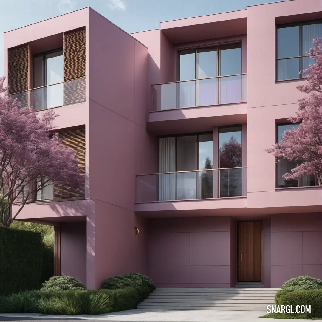 PANTONE 256 color example: Pink building with a lot of windows and a staircase leading to it and a tree with pink flowers