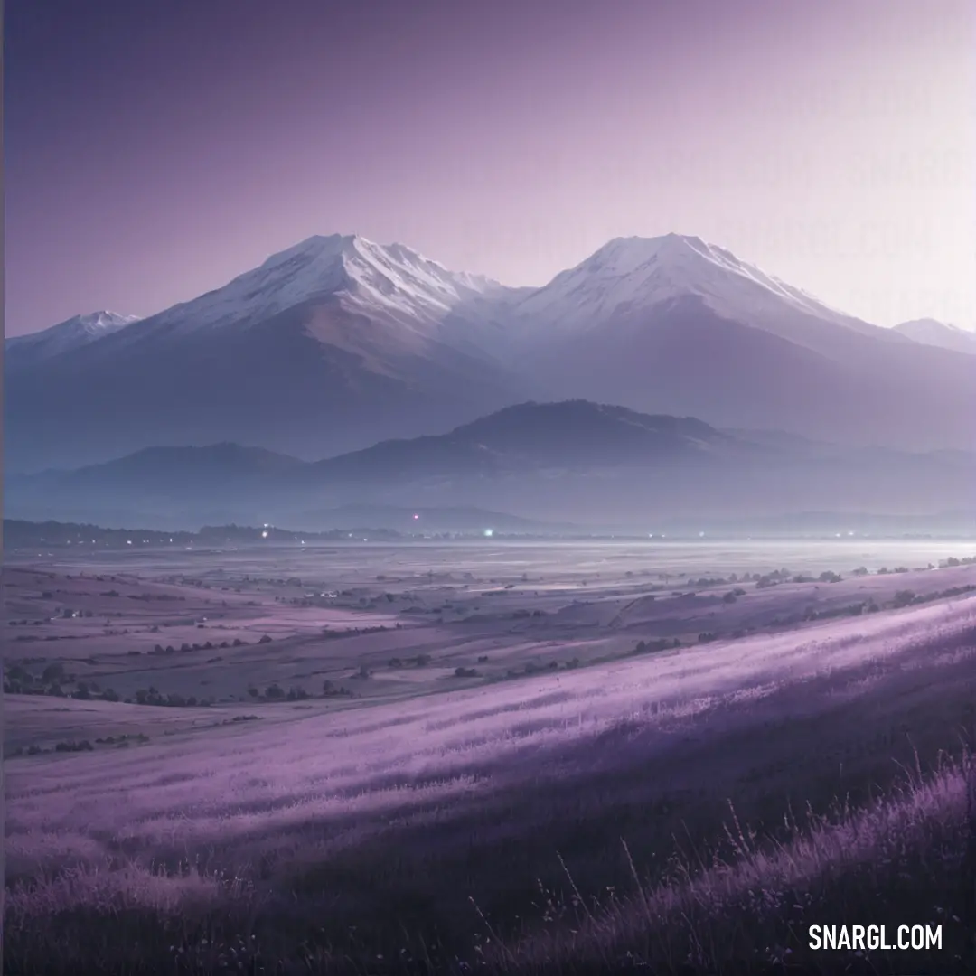 Purple landscape with a mountain in the background and a field of lavender flowers in the foreground with a purple sky