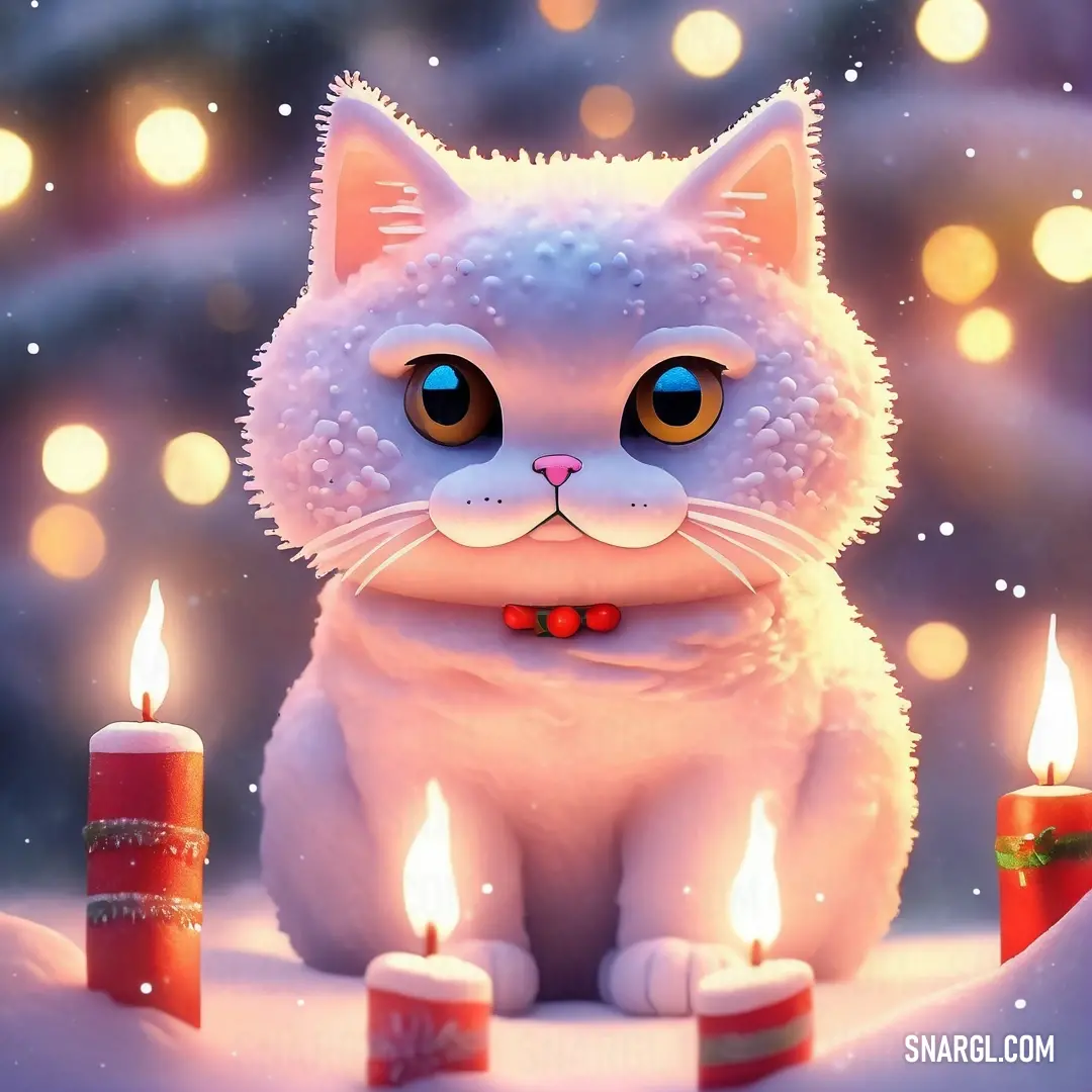 Cat in the snow with candles around it and a christmas tree in the background. Example of CMYK 19,35,0,0 color.