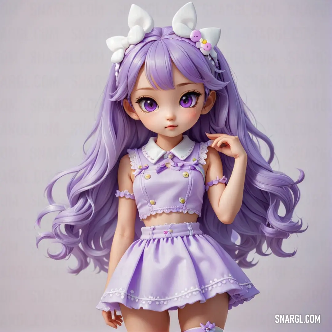 Doll with long purple hair and a dress on it's head and a bow in her hair. Color CMYK 22,39,0,0.