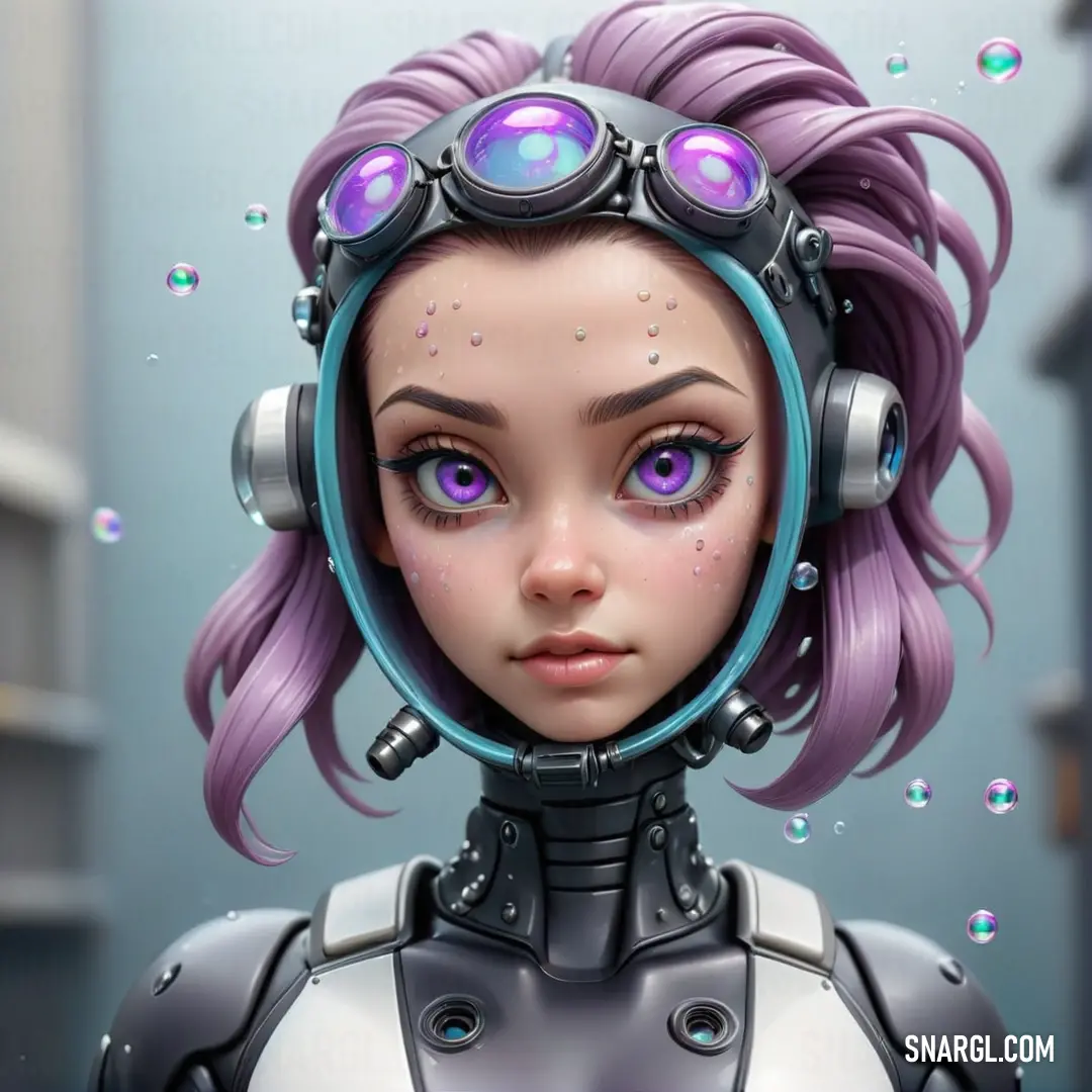 Girl with headphones and a futuristic suit on her head is looking at the camera with a bubble of water in her eyes