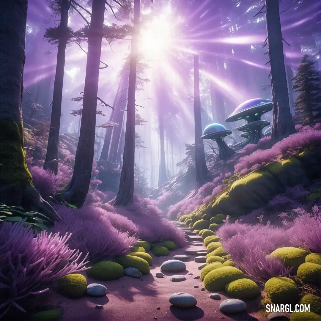 Path through a forest with rocks and plants on the ground and a bright light shining through the trees. Color #C3A8CB.