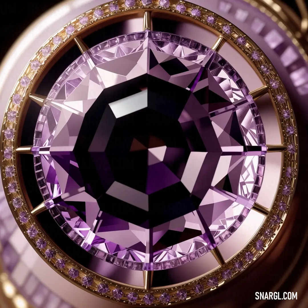 Purple diamond surrounded by diamonds and gold trimmings on a black background. Color RGB 195,168,203.