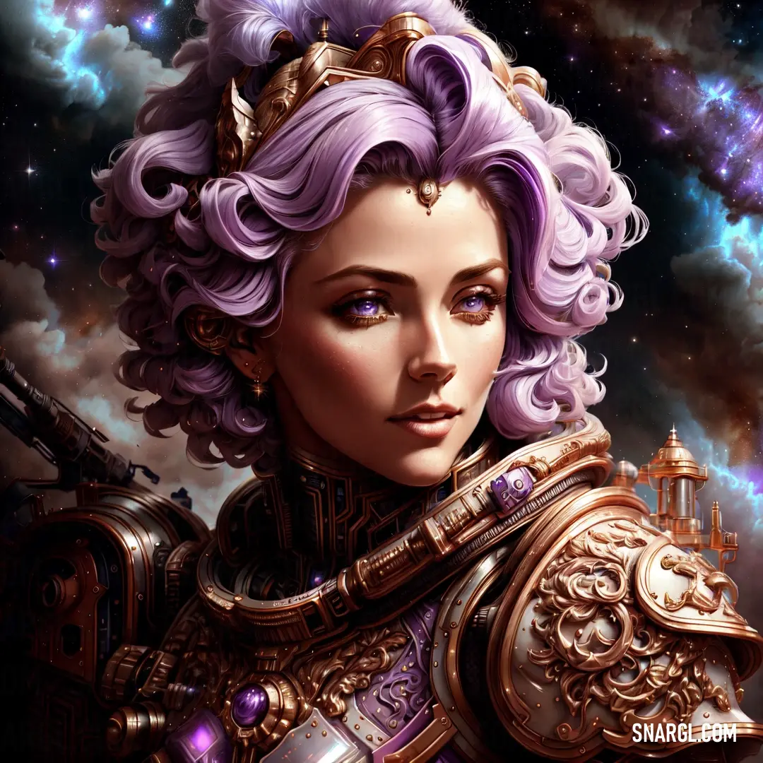 Woman with purple hair and a gun in her hand and a space background. Color RGB 195,168,203.