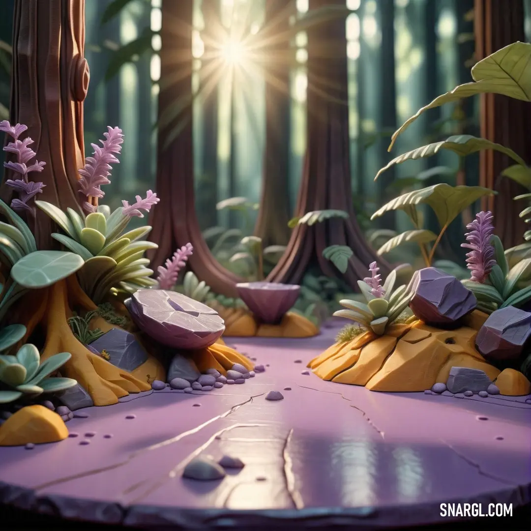 Purple table with a purple table cloth and some plants and rocks on it in a forest setting with sunlight shining through the trees