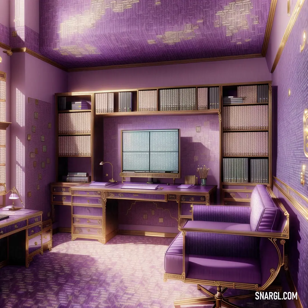 PANTONE 257 color example: Computer desk with a purple chair and a purple wallpapered room with a computer monitor