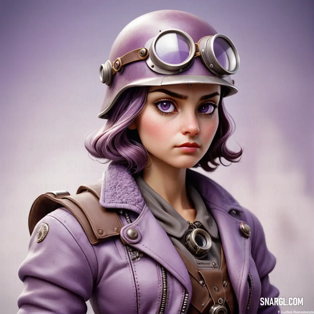 Woman in a purple jacket and helmet with goggles on her head and a purple background