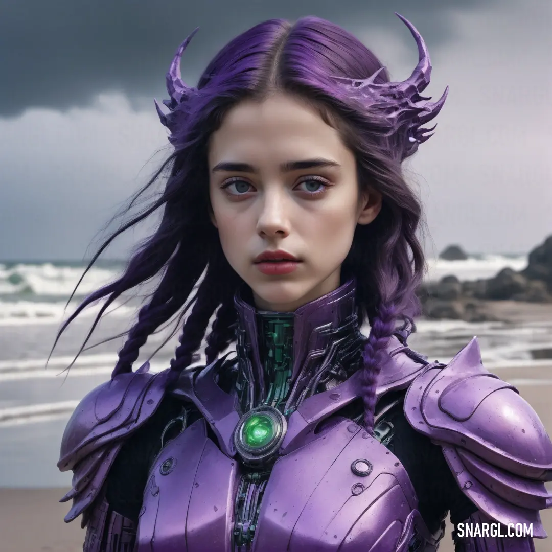Woman with purple hair and a purple suit on a beach with a dark sky in the background