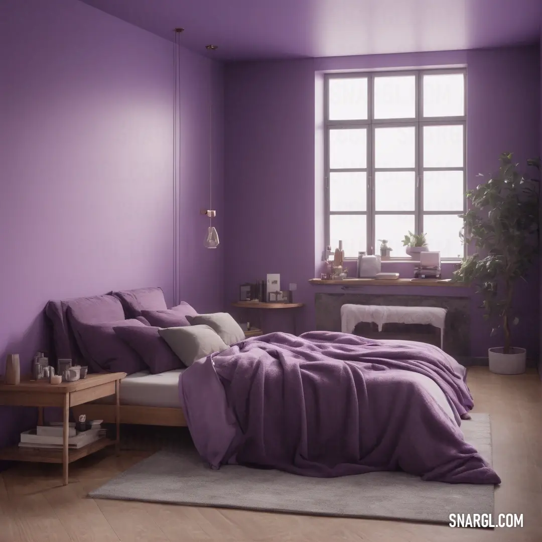 Bedroom with a purple wall and a bed with a purple blanket on it and a window with a potted plant. Color #B688B7.